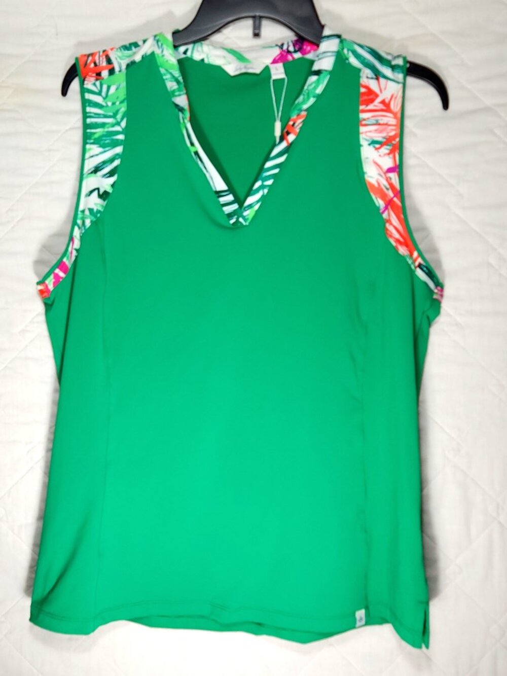 NWT Lady Hagen Women's Green Tropical Print V-Neck Sleeveless Golf Polo Shirt L